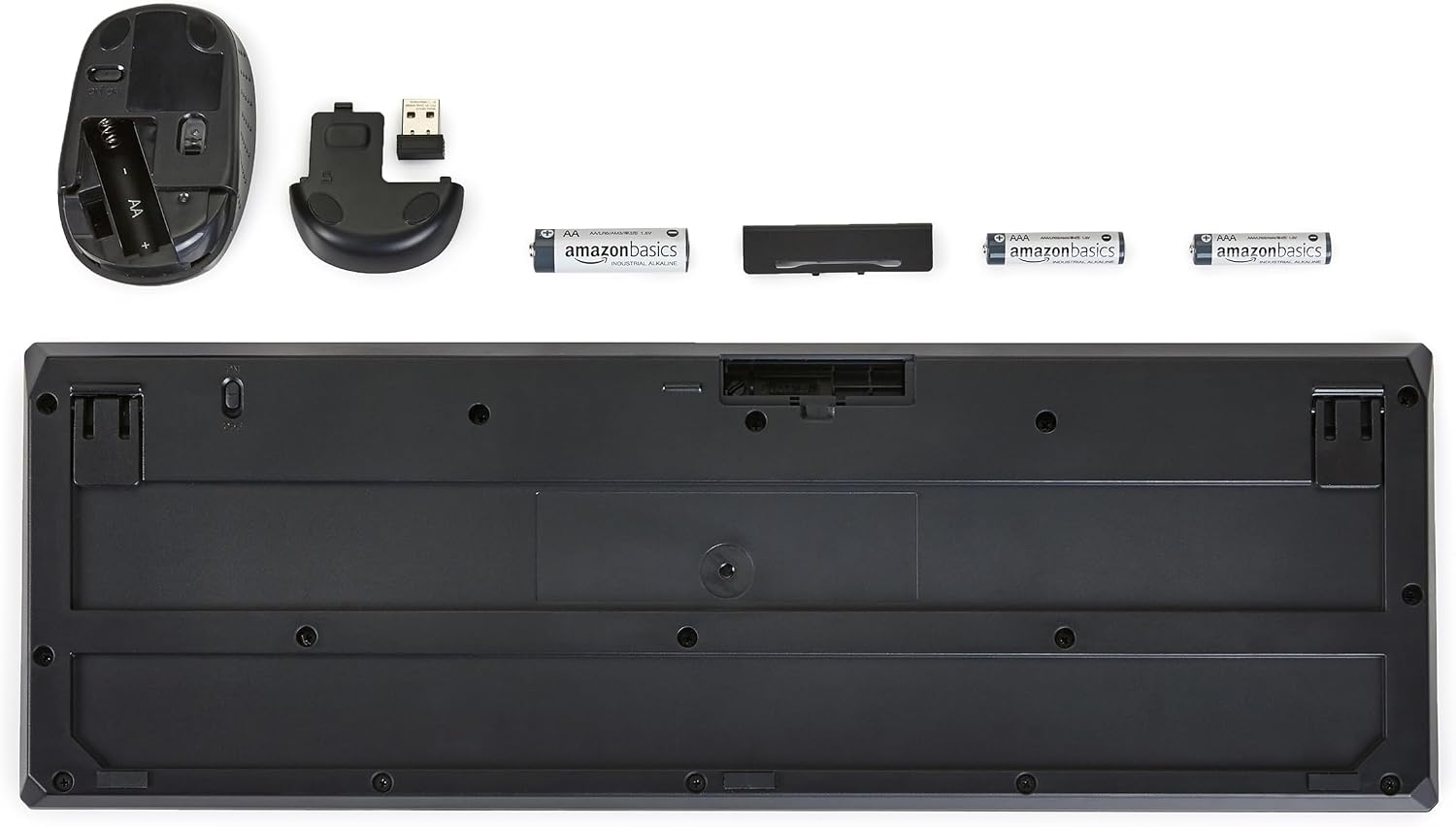 Back of Amazon Basics wireless keyboard and mouse with batteries and USB receiver