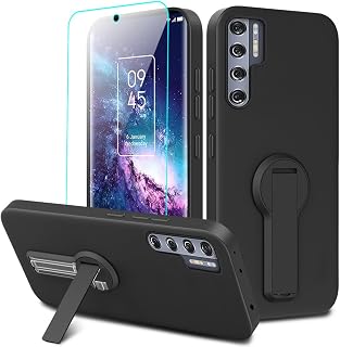 Compatible for TCL 20 Pro 5G Phone Case with Tempered Glass Screen Protector, 360° Rotatable Folding Hidden Kickstand/Stand Silicone TPU Protective Cover Case for TCL 20 Pro (6.67") - Black