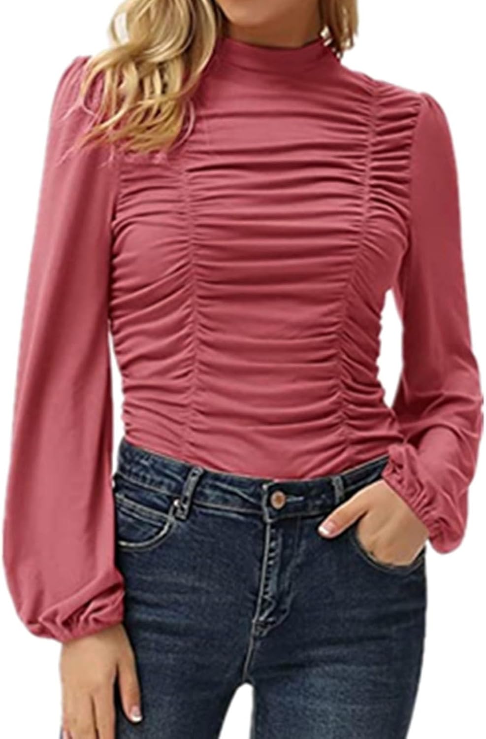 Womens Mock Neck Tops Vintage Long Lantern Sleeve T Shirt High-Neck Ruched Front Fitted Blouse Work Office Blouse