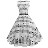 Vintage Dress for Women Sleeveless Crewneck Musical Note Print Prom Party Evening Swing Dresses