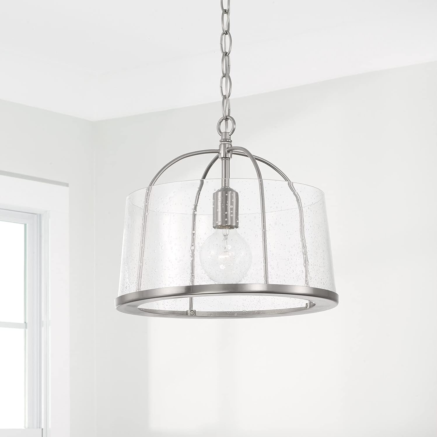 HomePlace by Capital Lighting 247011BN Madison Transitional Clear Seeded Glass Dual Mount Convertible Pendant/Semi-Flush Ceiling Light, 1-Light 100 Watt, 12" H x 13" W, Brushed/Satin Nickel
