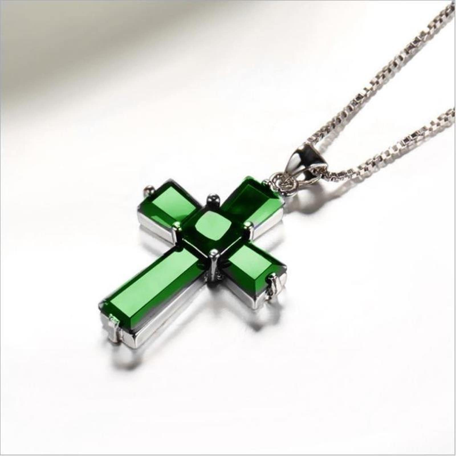 Trendy Men 925 Sterling Silver Necklace For Girls Jewelry Fashion Crystal Green Cross Pendant Necklace Female Accessories-default