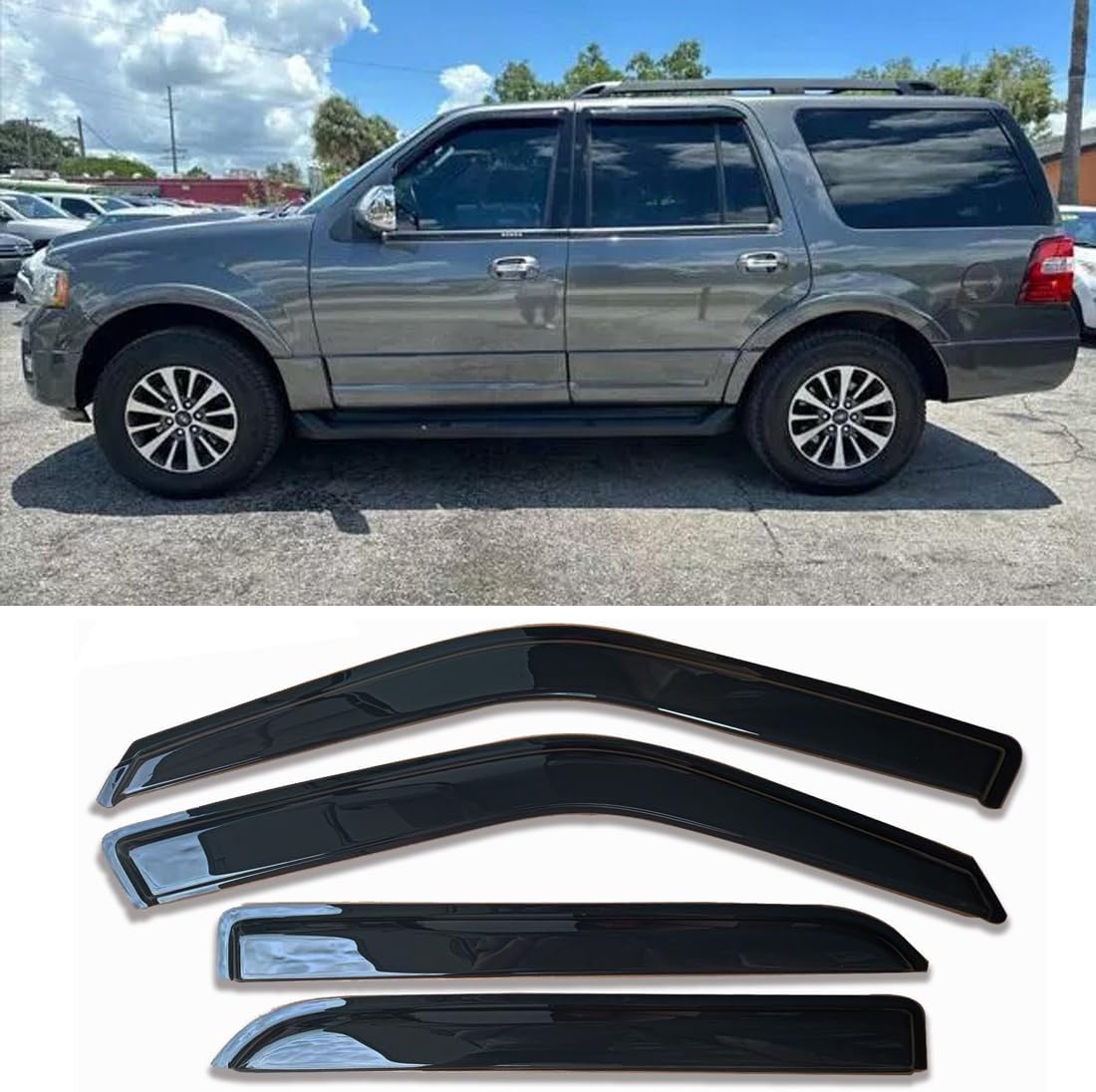 tape on car side window visors vent window shade fit 97-17 ford expedition, sun rain guards wind deflectors 94233, 4-piece set
