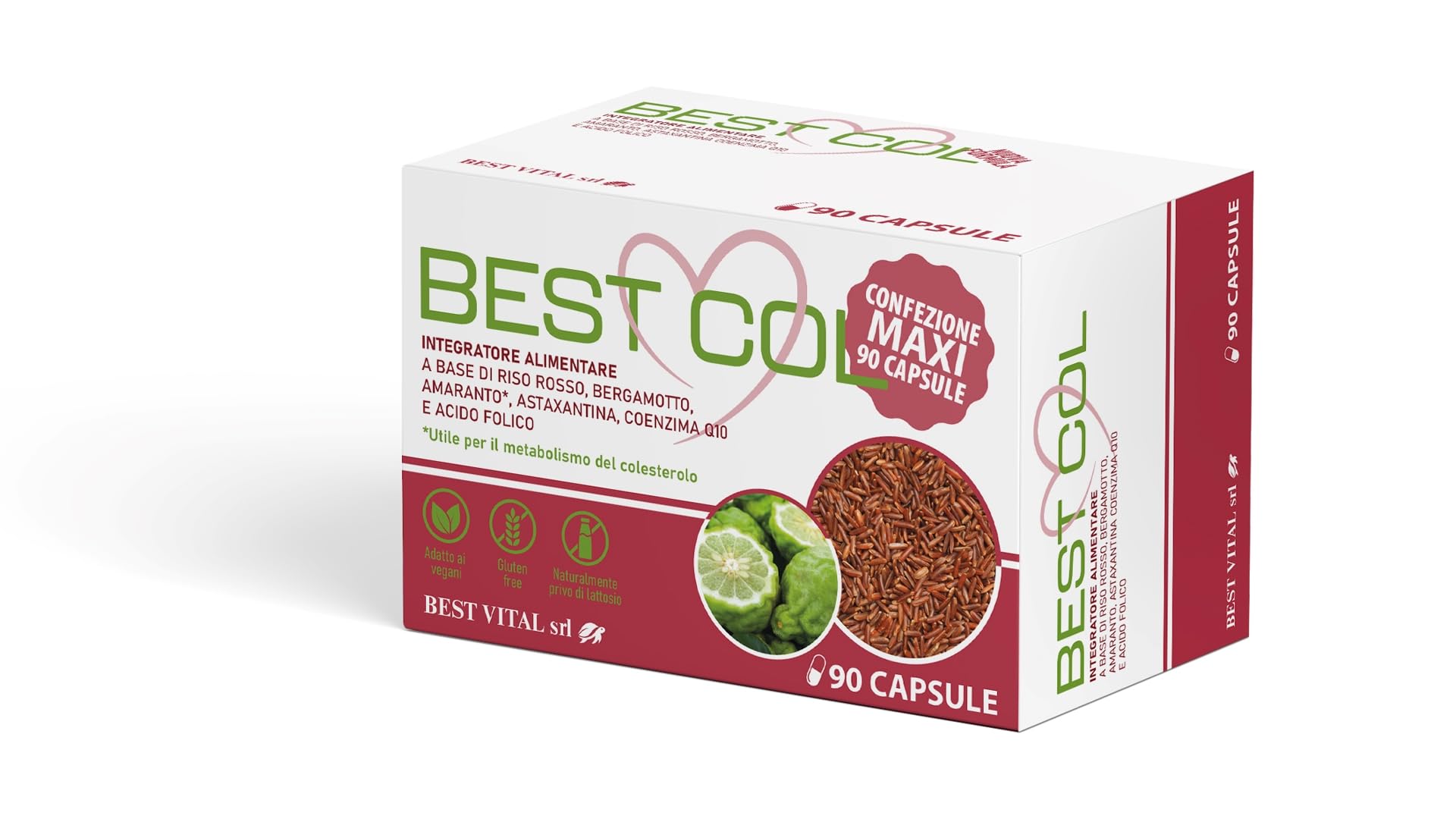 Best Col Nuova Formula - Integratore Alimentare a Base di Bergamotto, Amaranto, Astaxantina, Coenzima Q-10, Riso Rosso e Acido Folico. 90 Capsule