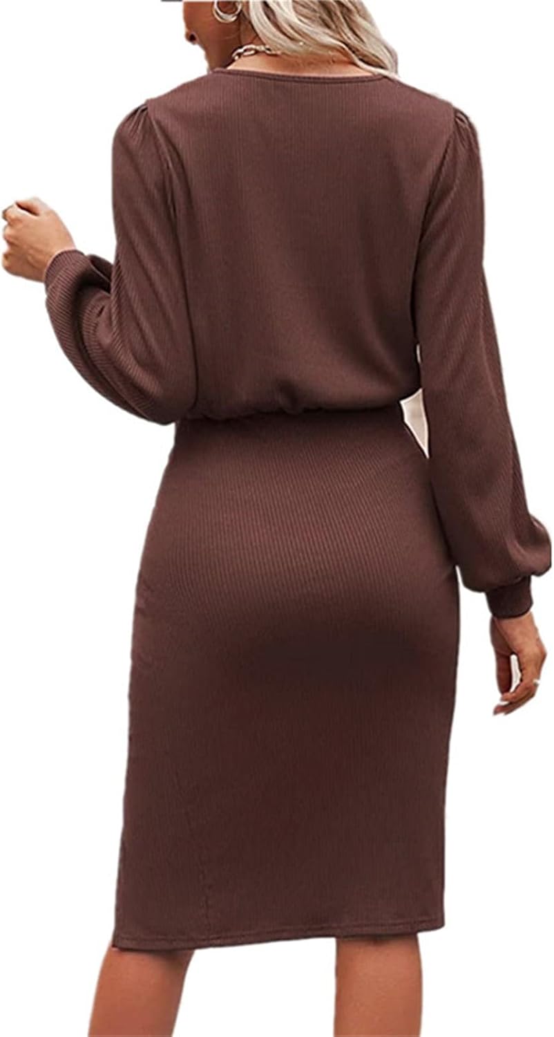 Women Casual Sweater Dress Puff Long Sleeve Crewneck Solid Midi Dress Ribbed Knit Ruched Slim Slit Bodycon Dress