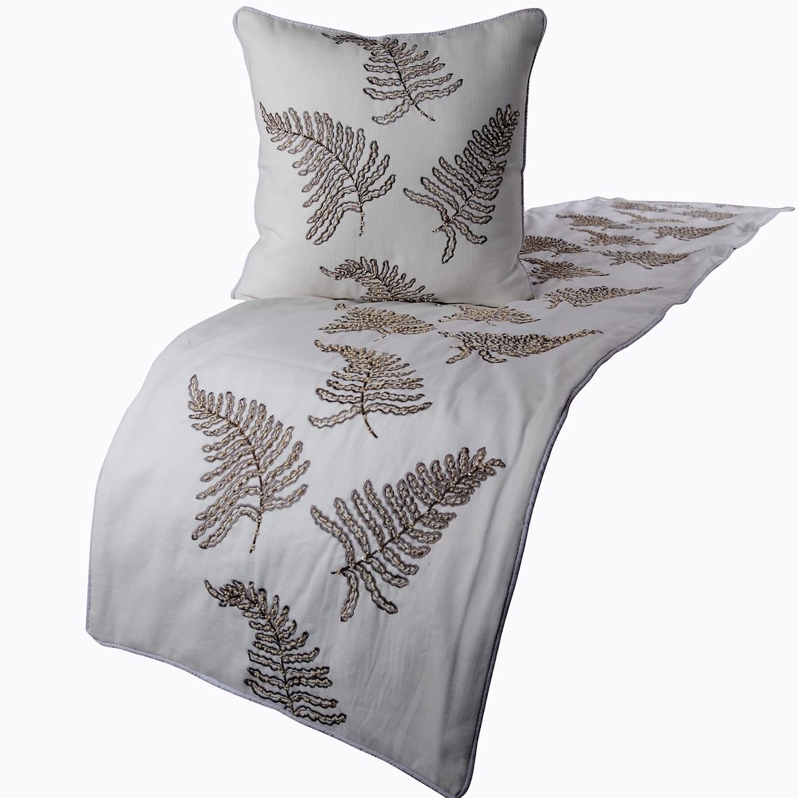The HomeCentric White Bed Runner, Full Size 170 x 45 cm Decorative Bed Runner With 2 Matching Cushion Cover, White Linen Bed Scarf in Fern Embroidery & Pearl - Fern Blossom