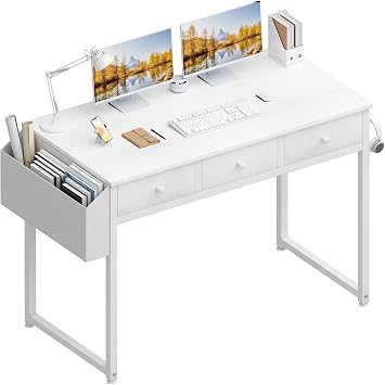 Lufeiya Small White Computer Desk 100cm with Fabric Drawer Home Office Bedroom Office Desk with Drawer Storage Bag Learning Writing Table White