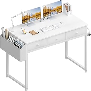 Lufeiya Kleiner Schreibtisch Weiß mit 3 Schubladen,PC Schreibtisch 100cm Klein Computertisch mit Stauraum für Büro HomeOffice 100x50x79 cm
