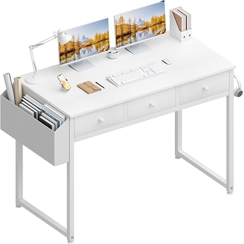 Lufeiya Small White Computer Desk with Drawers for Home Office Bedroom, 40 Inch Vanity Desk with Fabric Drawer Storage and Side Pouch, Study Writing Table, White