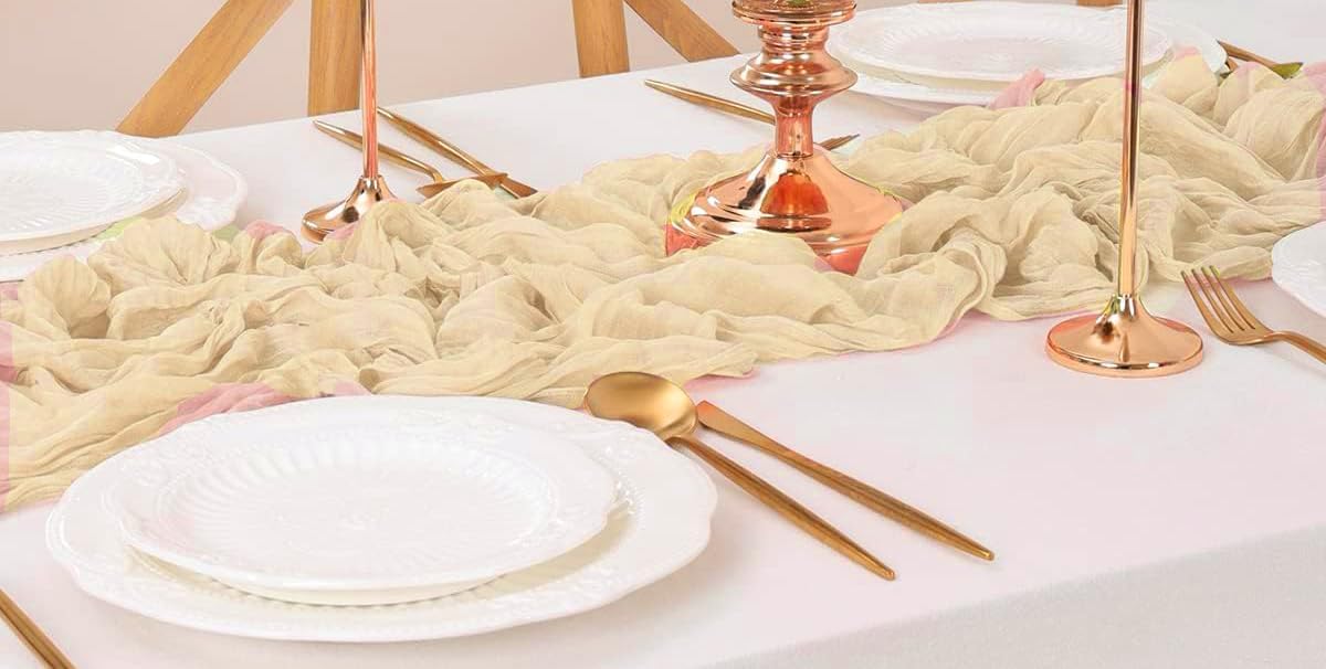 MDS Pack of 6 Cheesecloth Table Runner 35x120 Inch, 10FT Long Gauze Cheese Cloth Table Runner for Wedding Party Birthday Bridal Shower Farmhouse Garden Boho Rustic Table Decoration - Champagne