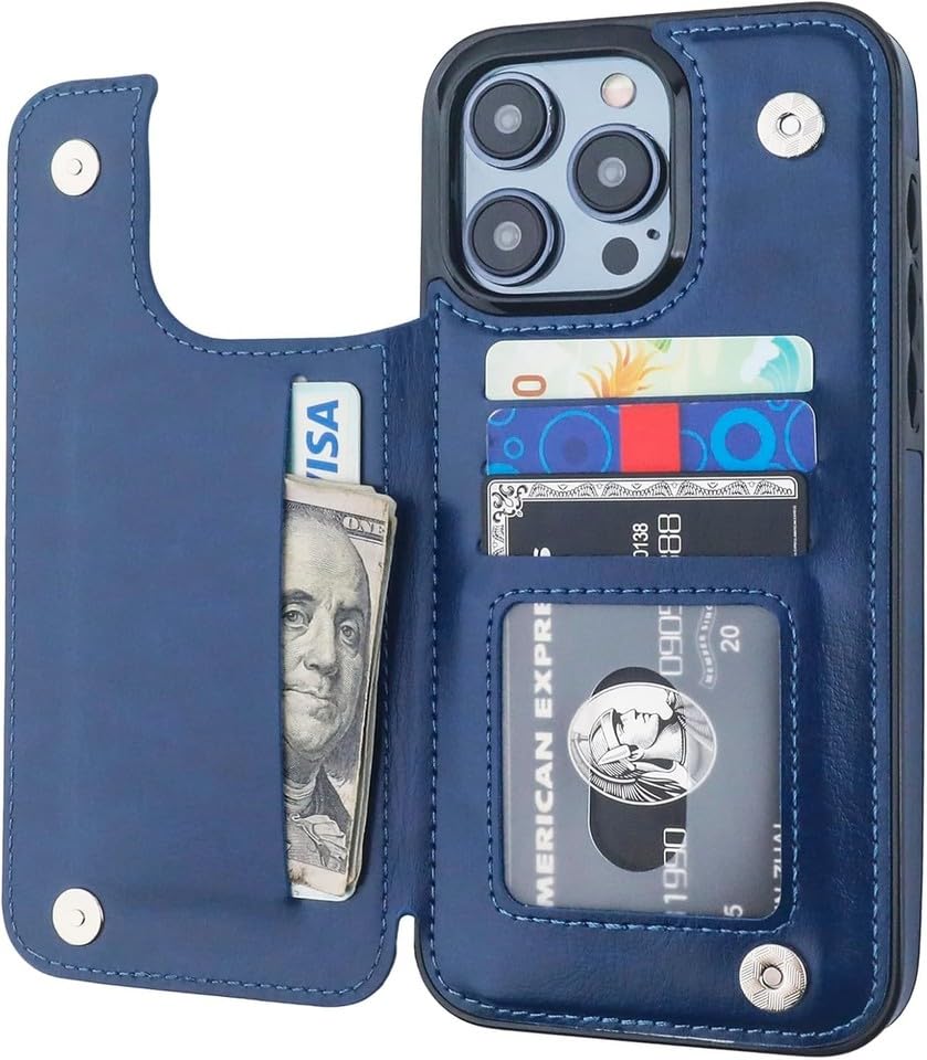 Protection iPhone 17 Pro Max en cuir bleu luxe et porte-carte antichoc