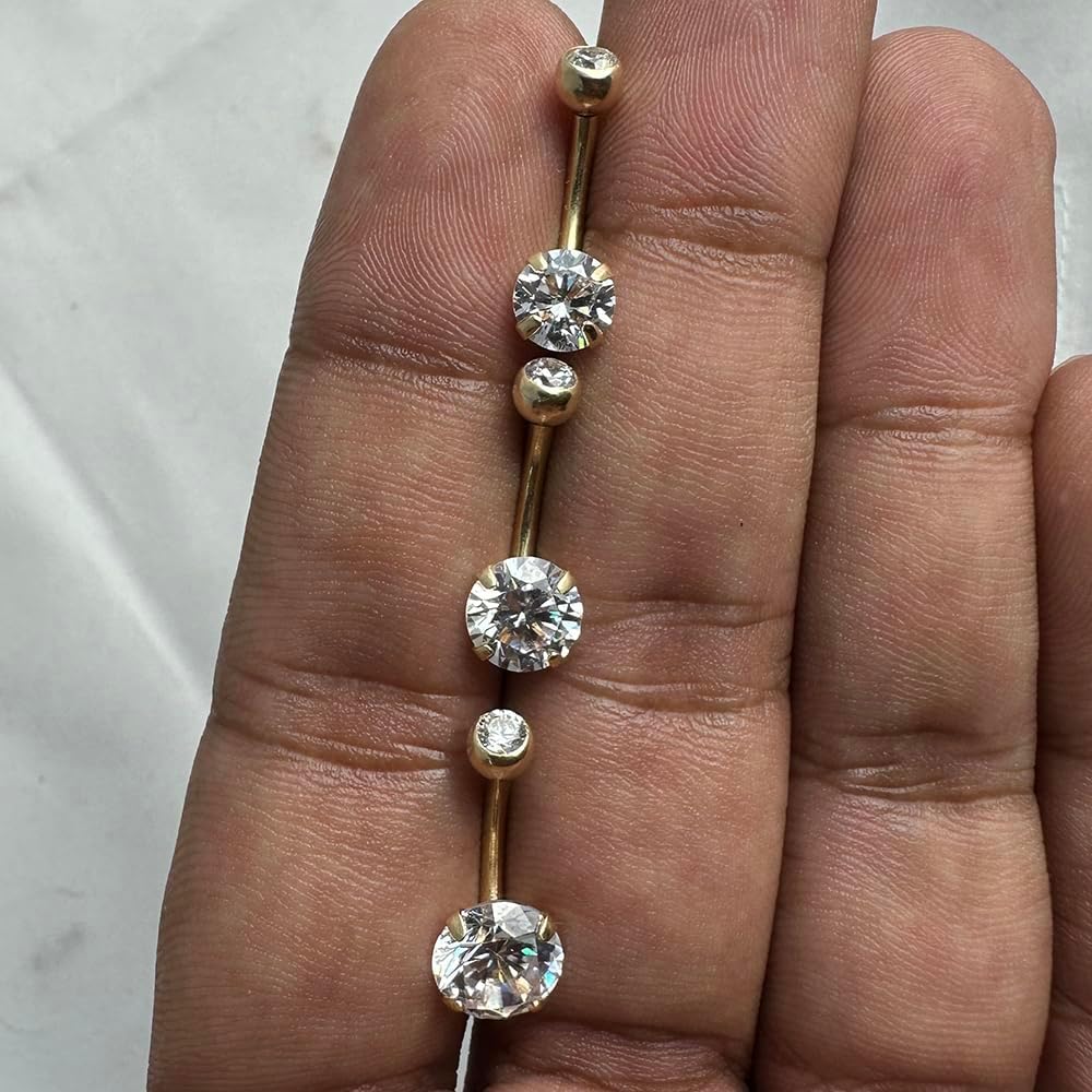 9K Solid Yellow Gold Round Cz Stone 14 Gauge Internally Threaded Banana and Cz Stone Ball Top Belly Ring - Belly Button jewelry - Navel jewelry - Gold Navel Ring