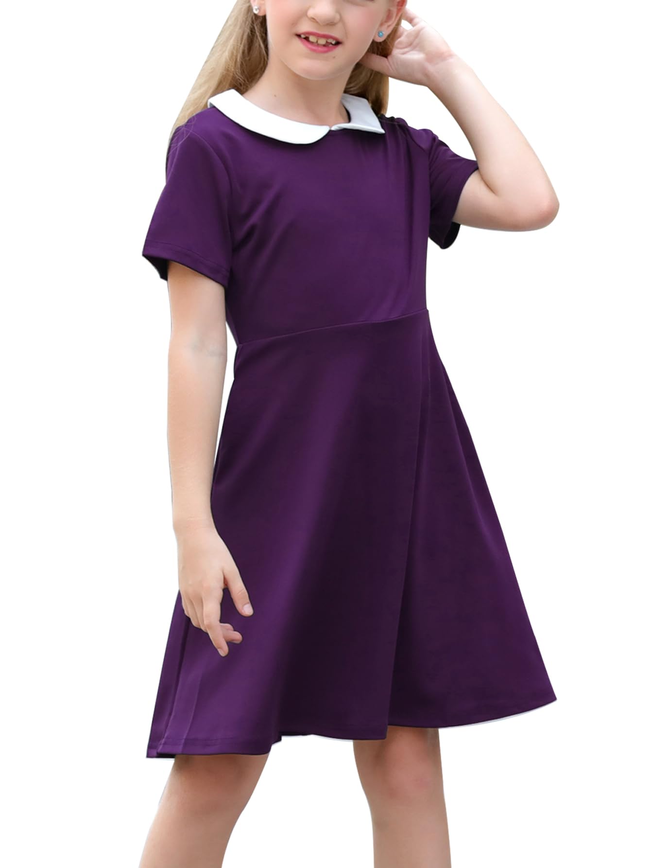 GORLYA Girl's Short Sleeve Casual Vintage Peter Pan Collar Fit and Flare Skater Party Dress with Pockets 4-12 Years