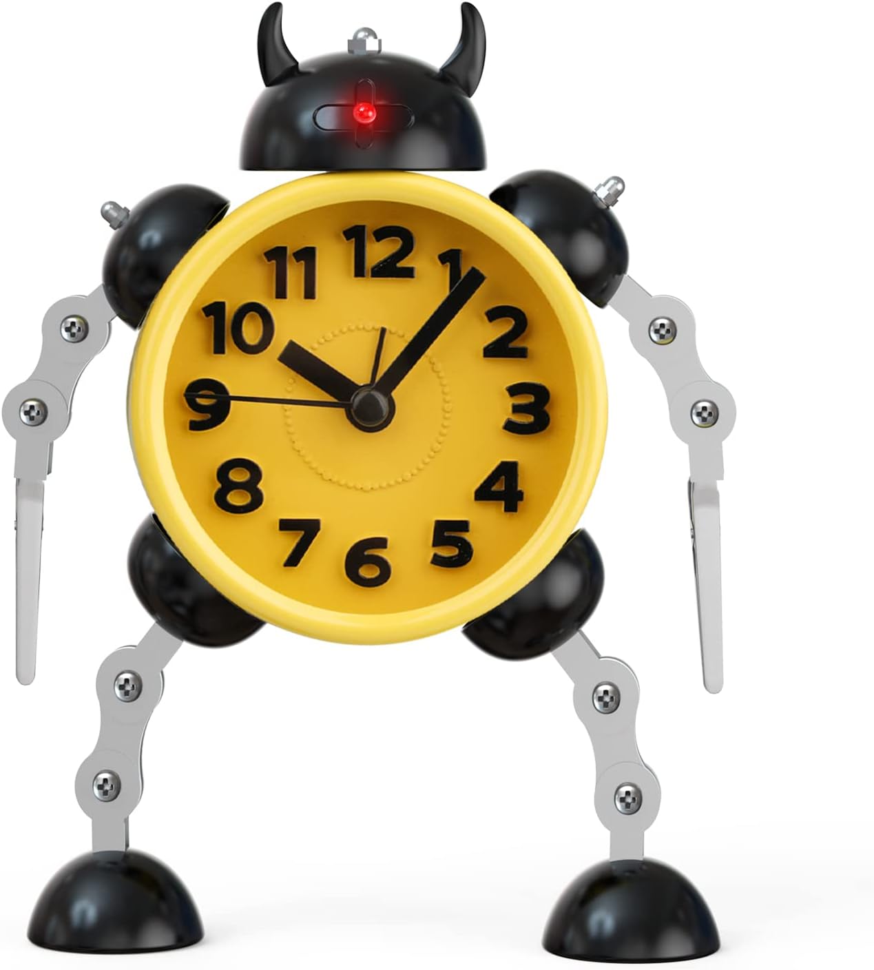 Juboos Robot Alarm Clock, Ultra-Quiet Non Ticking Analog Alarm Clock with Eye Light and Hand Clip Stainless Steel Metal (Black Yellow)