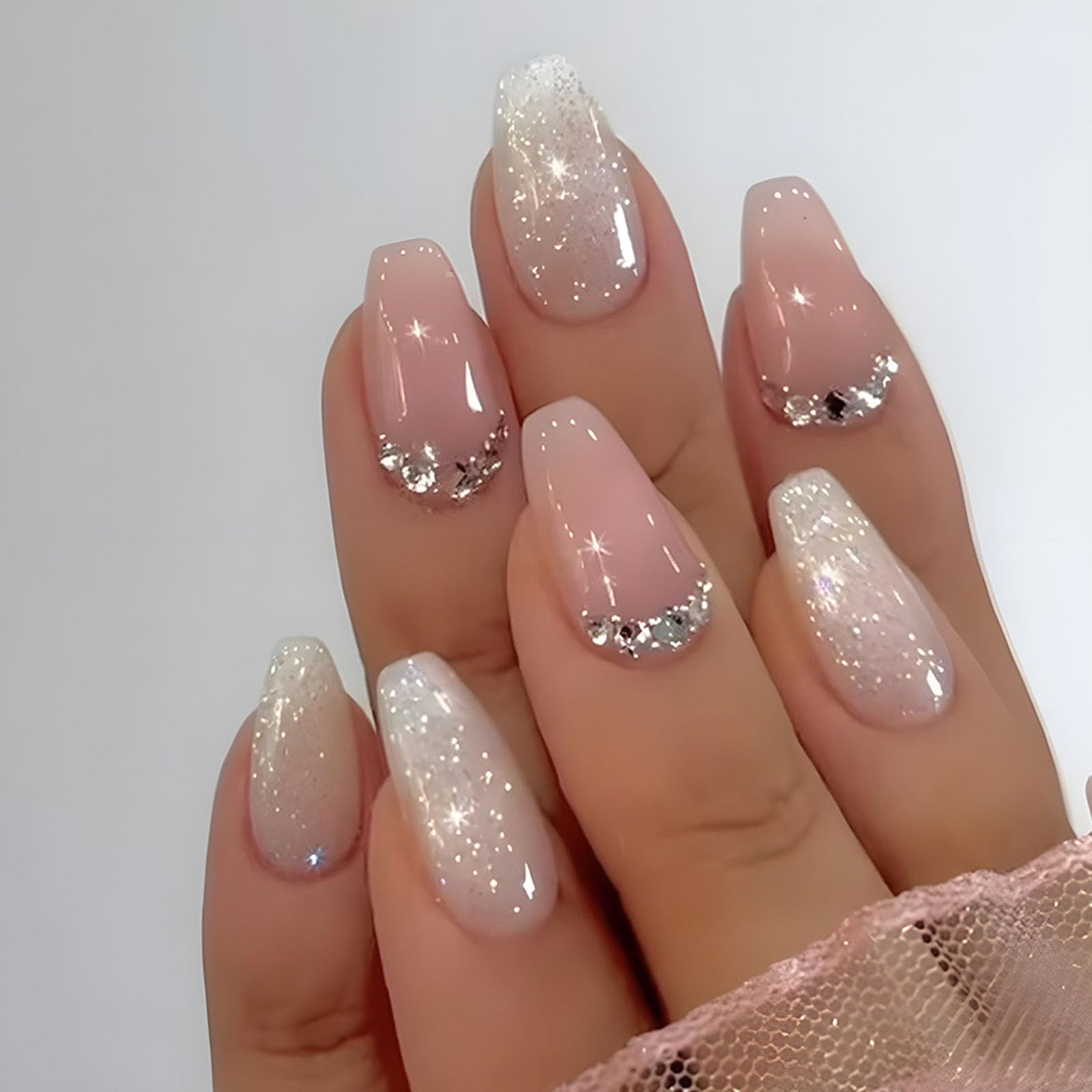 FOLONRAL Press On Nails Short Coffin Plastic False Nails 24Pcs Glossy Pink Glitter Rhinestones Designs Gradient Stick On Nails