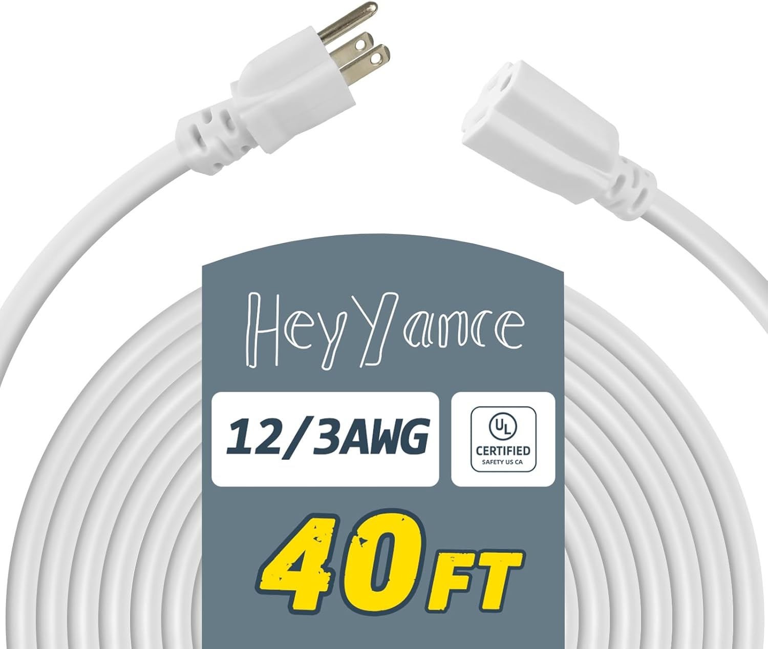 40 Ft Heavy Duty Outdoor Extension Cord Waterproof - 12/3 SJTW 15A 1875W White Extension Cable with 3 Prong Grounded Plug, Waterproof Electric Cable for Lawn, Garden, Appliances, UL Listed