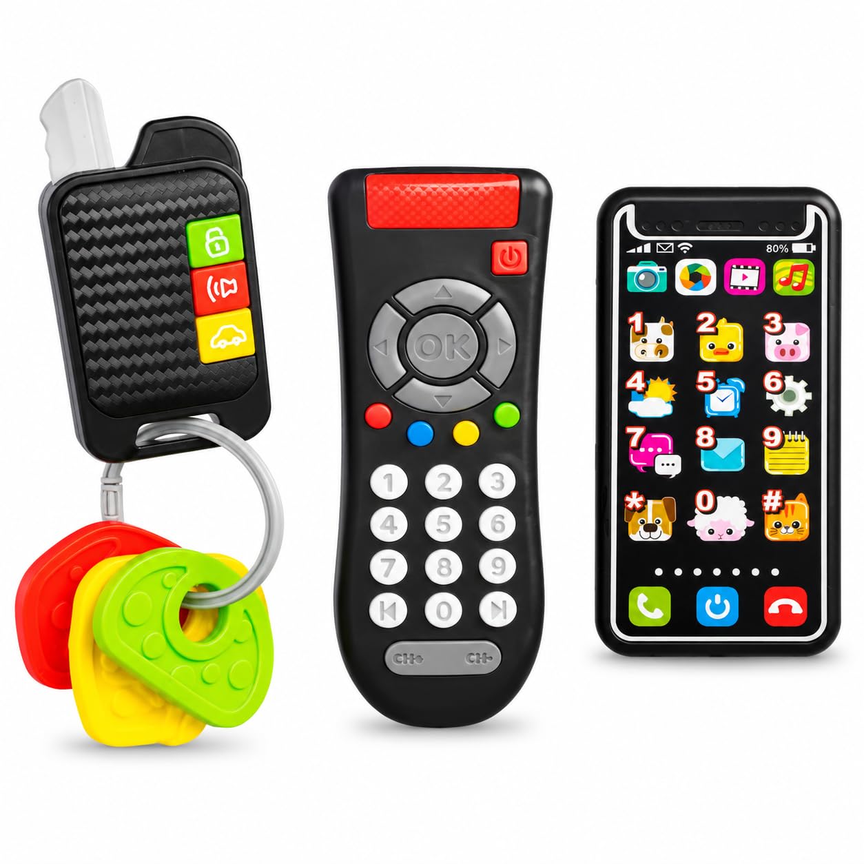 RHMM Gadget Set 3 Pack Tech Tots Kids Pretend Play Car Key, TV Remote and Smartphone Toy Set, Realistic Electronic Role Play Toys for Boys and Girls Ages 1+