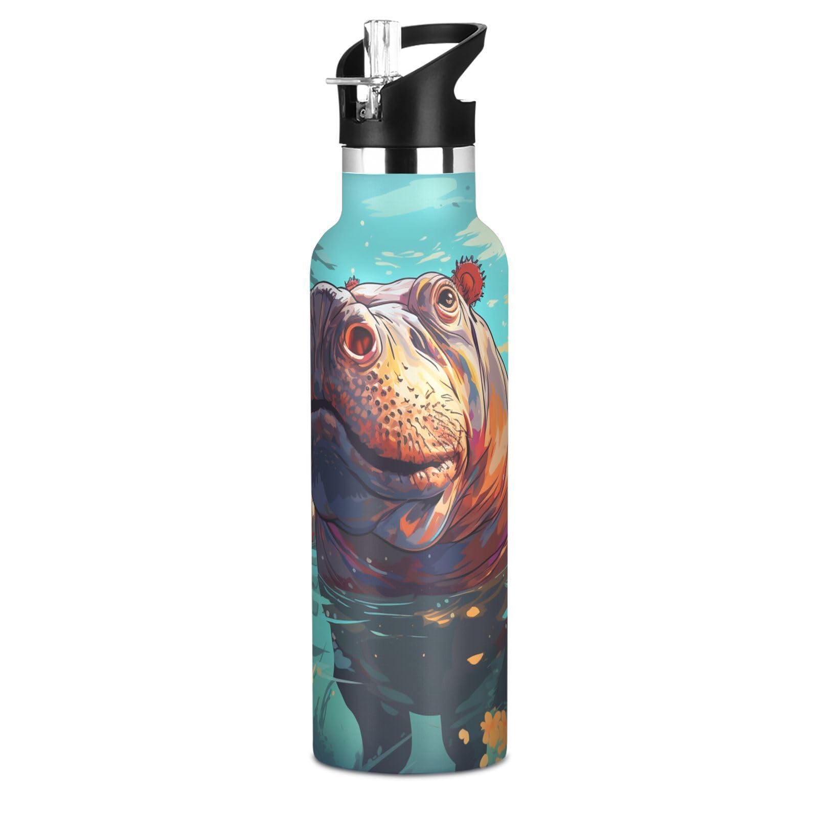 Kaaviyo Boys Pattern Colorful Water Hippopotamus Water Bottle Stainless Steel Jug Insulated Vacuum Cup For Girls(600Ml)
