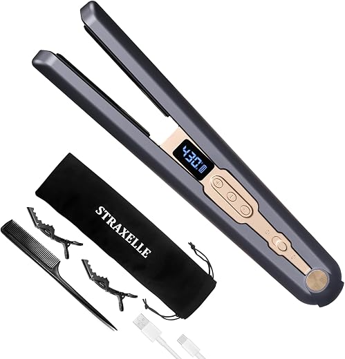 Straxelle Cordless Hair Straightener, 10000mAh Rechargeable Flat Iron Portable Travel Straightener with Negative Ion, LED ...