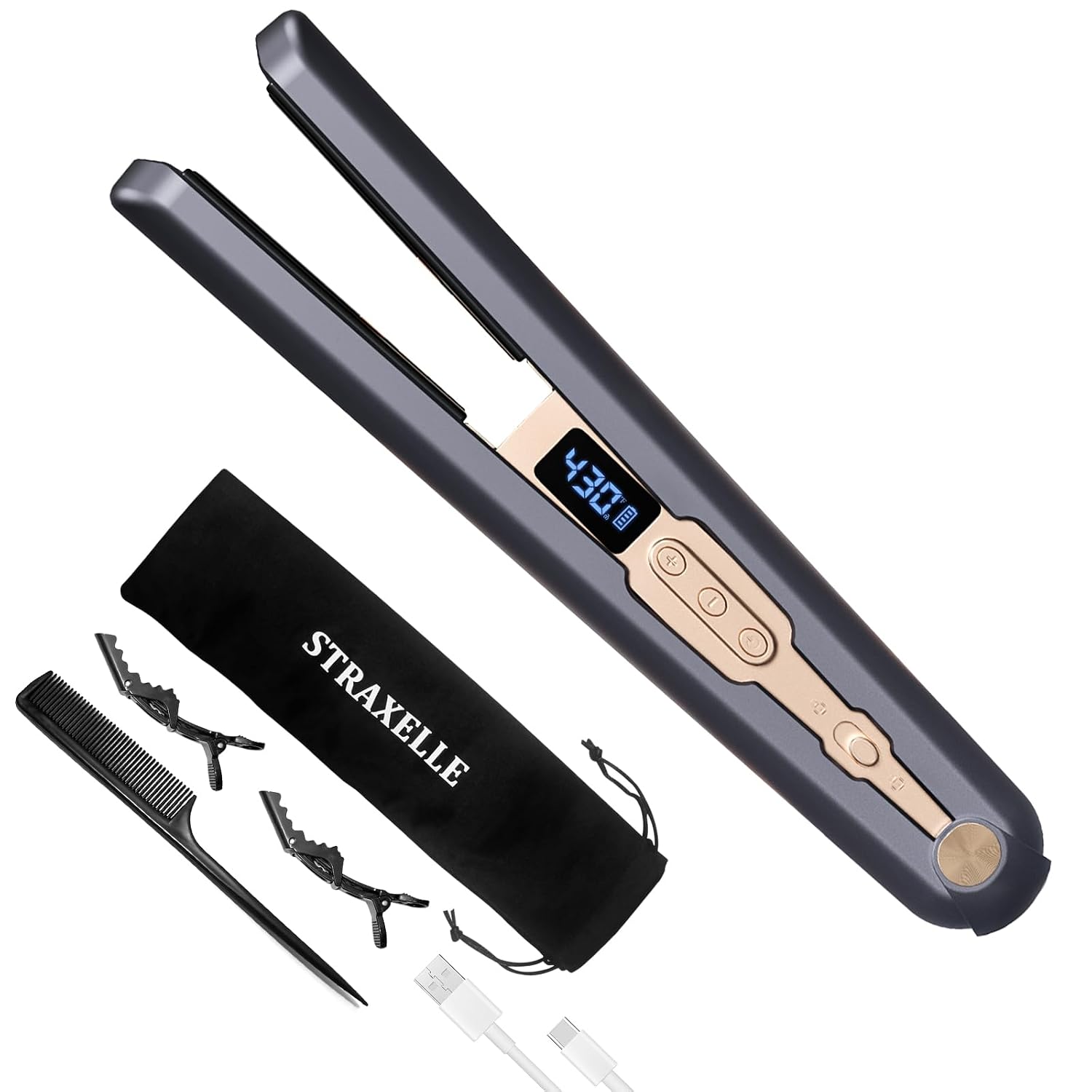 Straxelle Cordless Hair Straightener, 10000mAh Rechargeable Flat Iron Portable Travel Straightener with Negative Ion, LED ...