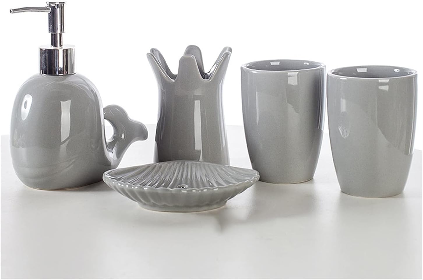 Soap Dispenser Handmade Ceramic 5-Piece Soap Dispenser Family Bathroom Gift Set Lotion Bottle/Toothbrush Holder/mouthwash Cup/soap Dish Liquid soap Dispenser (Color : Gris), 20010125