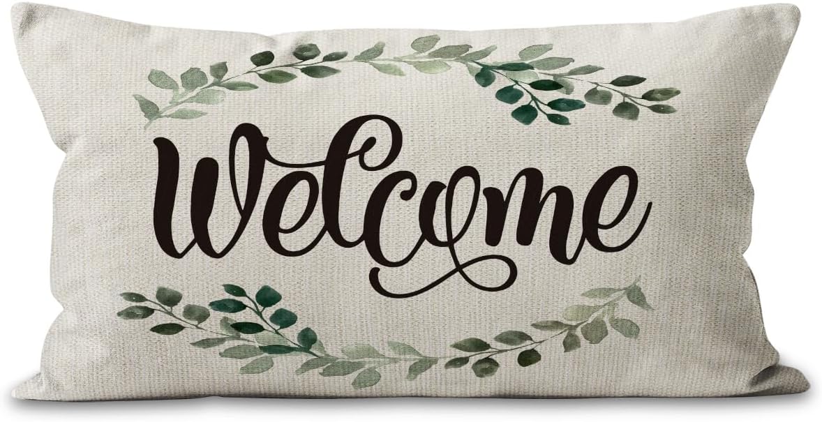 Mancheng-zi Welcome 12x20 Porch Pillow Covers, Farmhouse Patio Decor, Outdoor Throw Pillows for Patio Furniture (White)