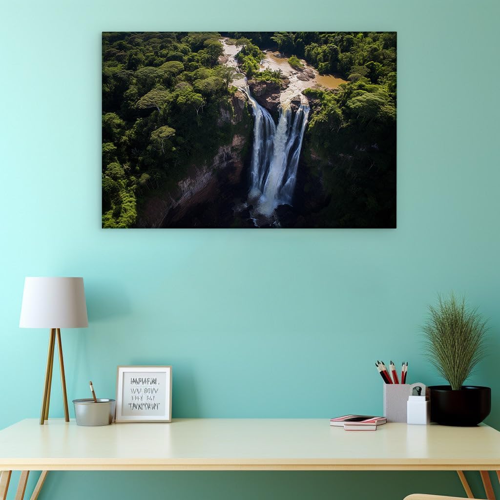 Canvas for Living room. Majestic Forest Waterfall: An Aerial Symphony of Mist and Greenery, 27 x 18 inch Canvas Wall Art - Contemporary Masterpieces - Modern Home Decor