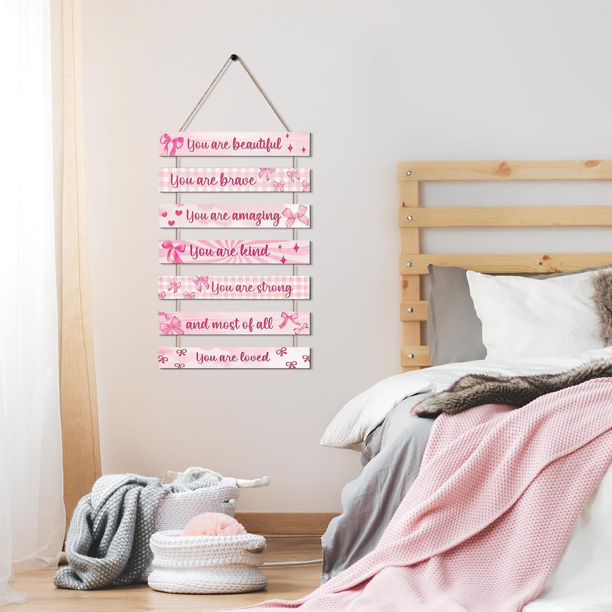 NymphFable Pink Bow Motivational Sign, Positive Affirmations Wooden Coquette Wall Art Decor for Girls Bedroom Nursery Dorm Decor