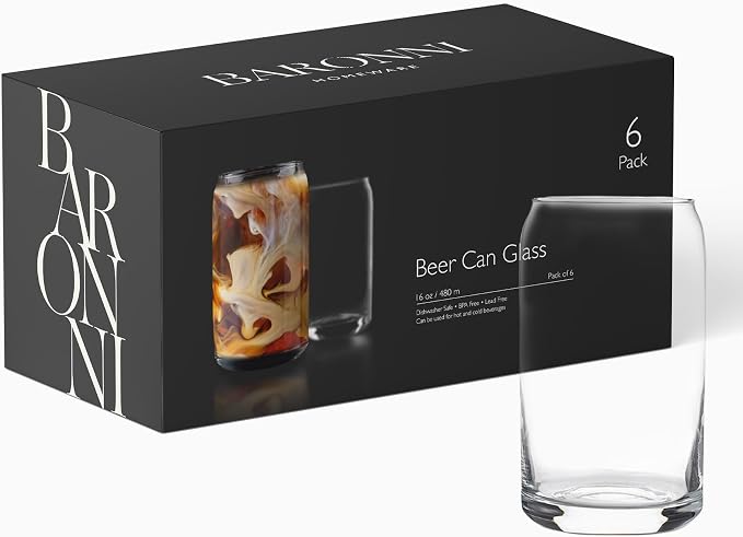 Can Shaped Drinking Glasses for Iced Coffee & Tea - 16oz Clear Tumbler Drinkware - Set of 6 Cups for Soda, Water, Whiskey, Beer and Cocktails