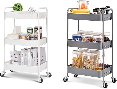 TOOLF 3-Tier Metal Rolling Cart White+Grey