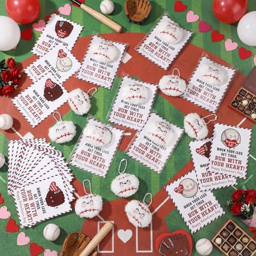 Jenaai 30 Sets Valentine Baseball Team Gift Bulk Cute Face Plush Baseball Keychain with Inspirational Cards Valentine Party Favor for Team Player Group Athletes by Jenaai - Image 4