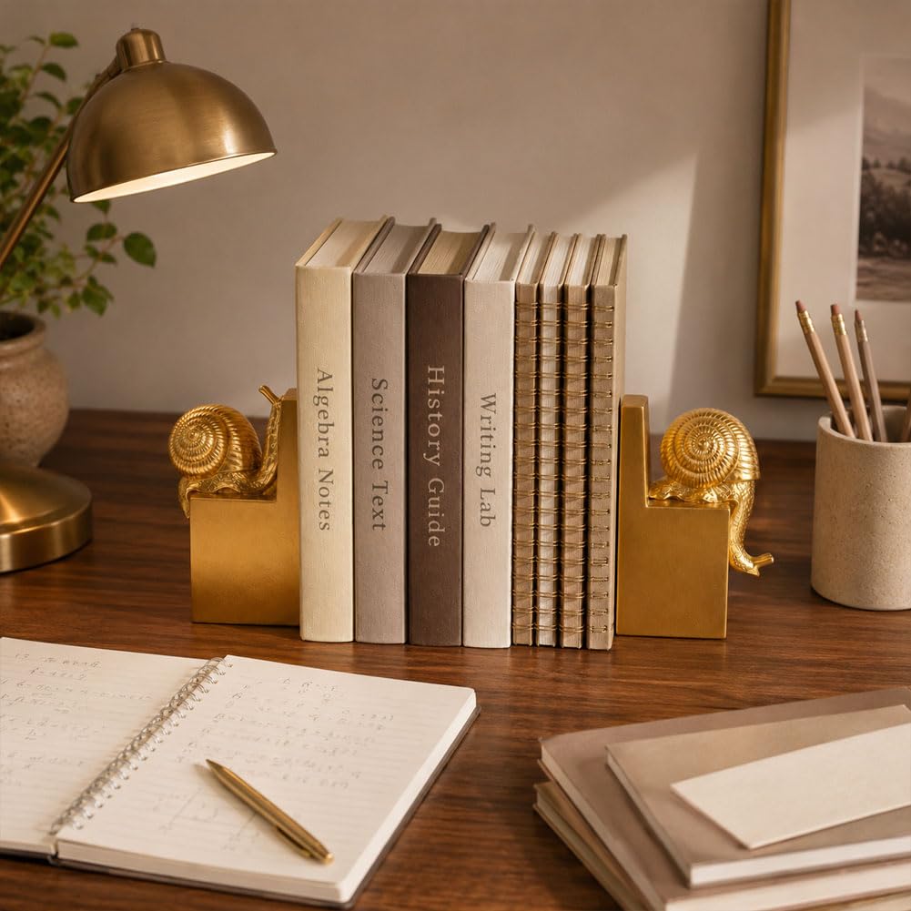 Set di 2 fermalibri decorativi a forma di lumaca dorata, fermalibri decorativi in resina pesante per mensole, supporti per libri antiscivolo, per libreria, scrivania, ufficio, biblioteca