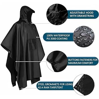 Poncho Impermeabile 3 In 1 Per Adulti - Leggero, Con Cappuccio Regolabile, Per Trekking, Campeggio E Ciclismo - Foto 6