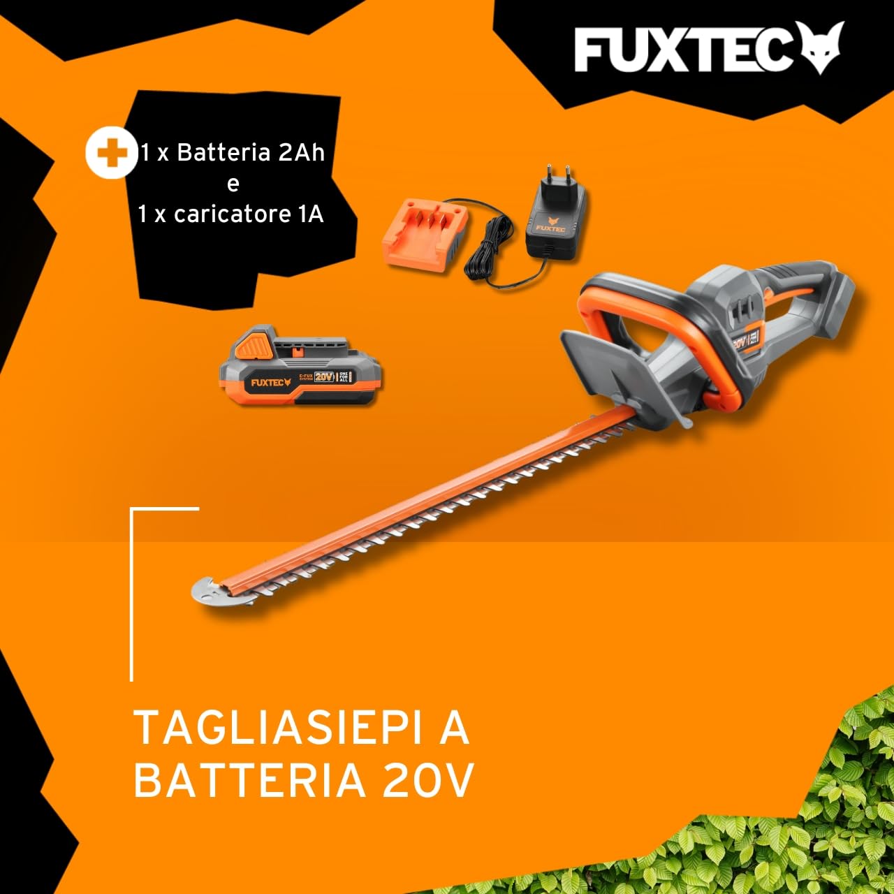 Fuxtec Tagliasiepi a Batteria 20V FX-E1HS20 - Kit incl. Batteria e Caricabatterie -Lunghezza di Taglio di 520mm per Rami Fino a 15mm di Diametro- Una Batteria per Tutti i dispositivi a 20V.