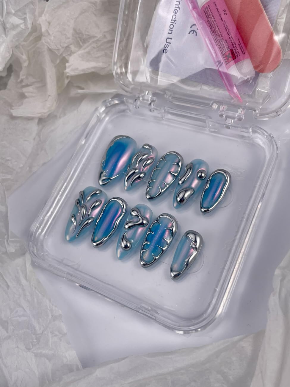 Press on Nails Blue Ombre Medium Almond 3D Fake Nails Reusable Luxury Handmade False Nails with Design Solid Chrome,Press ons Muti-Layer Gel Acrylic Handmade Nails for Wome Manicure(Size S)