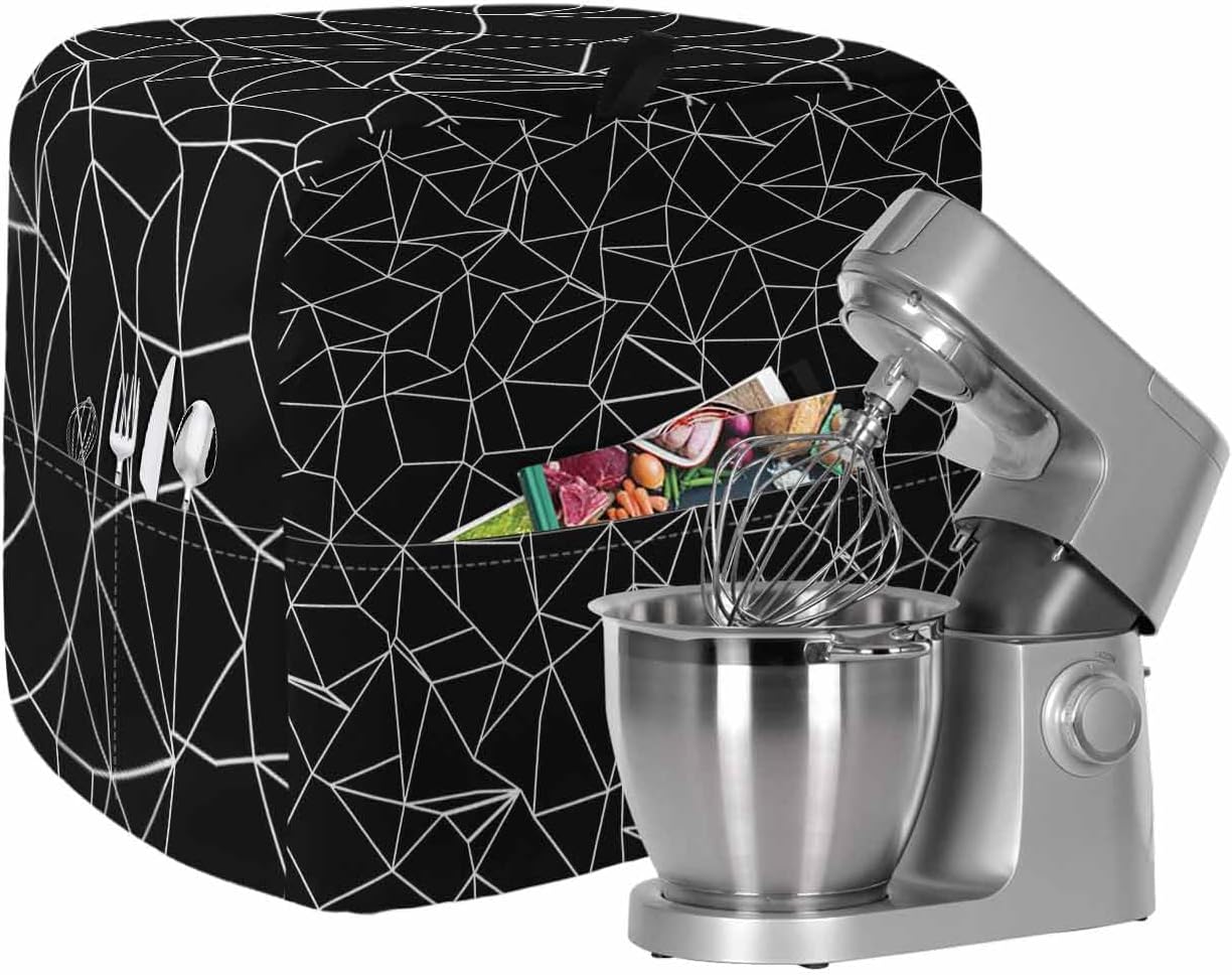Black Geometric Stripes Stand Mixer Cover with Storage Pocket, Waterproof Kitchen Mixer Covers, Modern Minimalism Abstract Lines Kitchen Appliance Dust Cover Compatible with 4/4.5 Quart Mixers