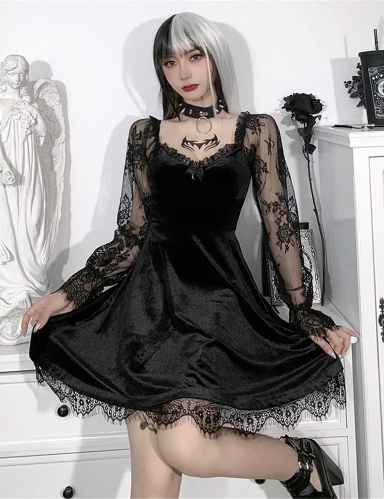 Gothic Velvet Dress for Women, Black Vintage Mini Goth Dress for Halloween
