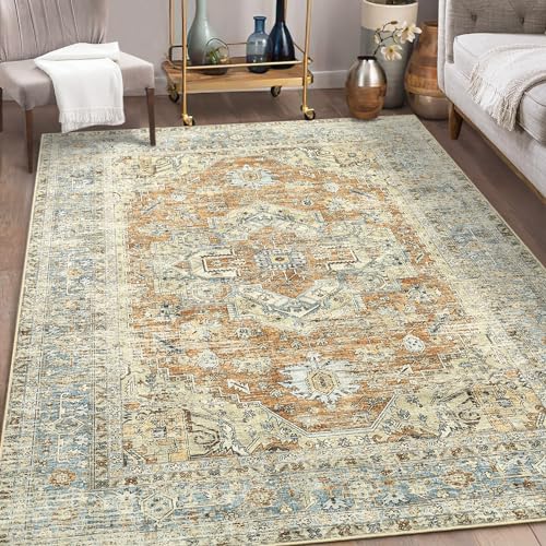 GarveeHome 5x7 Area Rug Vintage Boho Washable Rug Ultra-Thin Non Slip Living Room Rug Indoor Non-Shedding Kitchen Throw Carpet Oriental Floral Foldabl