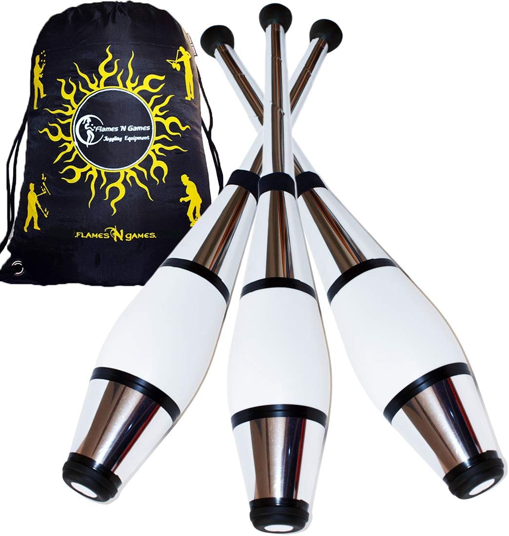 Juggle Dream EURO PRO Juggling Clubs Set of 3 (12 Colour Combos!) Metallic Deco Trainer Clubs + Flames N Games Travel Bag! Great Club Juggling Set For Beginners & Advanced Jugglers! (Silver)