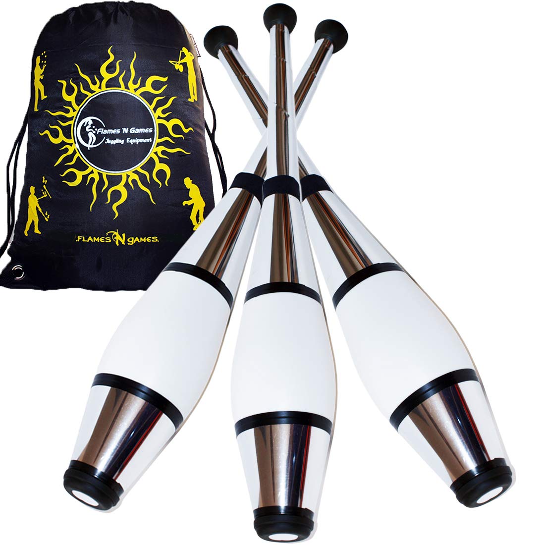 Juggle Dream EURO PRO Juggling Clubs Set of 3 (12 Colour Combos!) Metallic Deco Trainer Clubs + Flames N Games Travel Bag! Great Club Juggling Set For Beginners & Advanced Jugglers! (Silver)