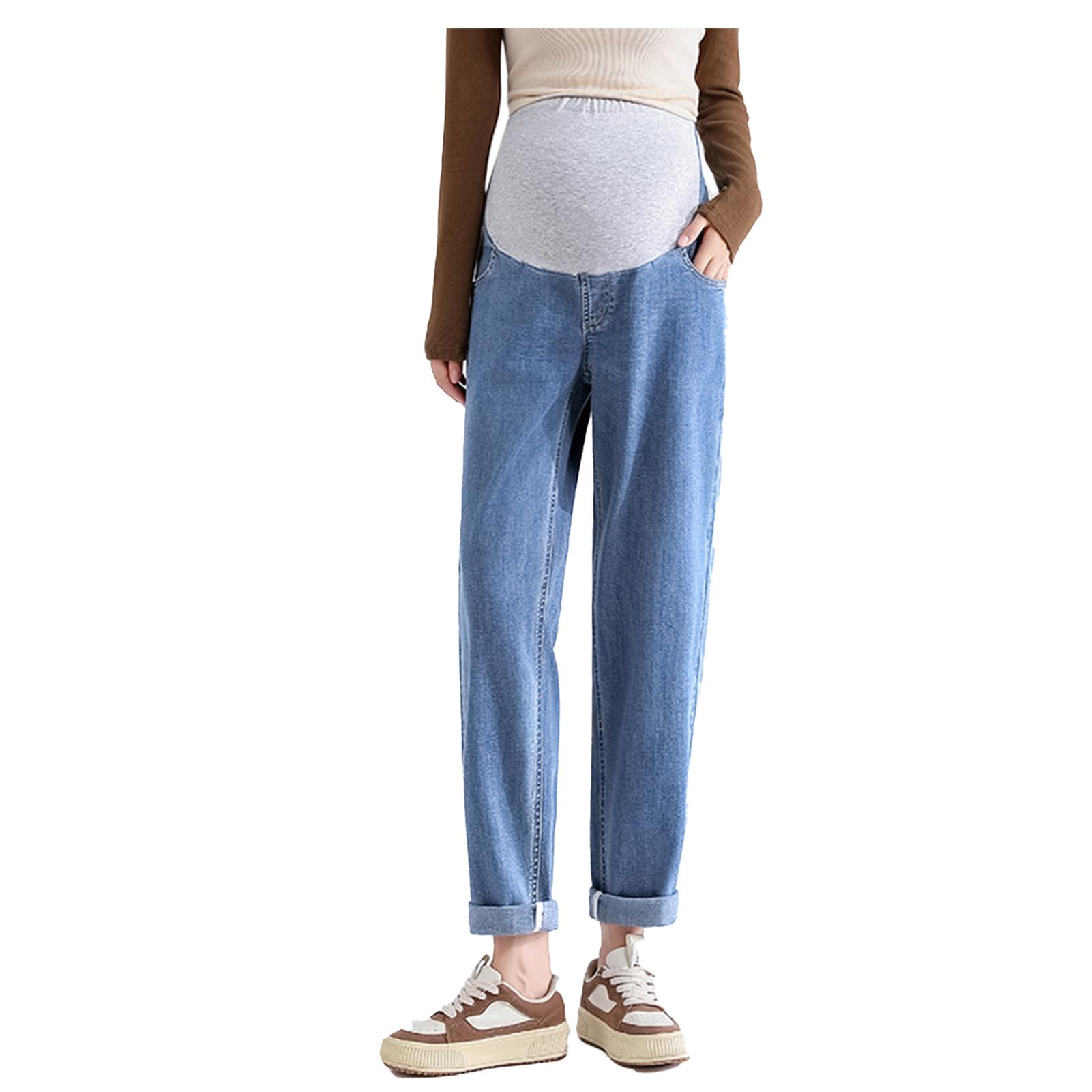 Jeans embarazada 7/8 Dad Fit Loose – Cintura ajustable, corte cómodo y deslumbrante, embarazo, perfectos para mujeres menores de 168 cm (modelo pata de elefante, oculta las imperfecciones)