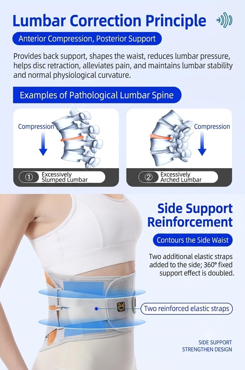 ,L/90cm~100cm,Ceinture de Maintien Lombaire Ajustable pour Sciatique et Hernie Discale, Correcteur de Posture du Dos avec Sangles de Compression, Idéal pour Voiture, Travail Quotidien, Sport Respirant | Support lombaire avec 4 bandes en acier et 3 coussin