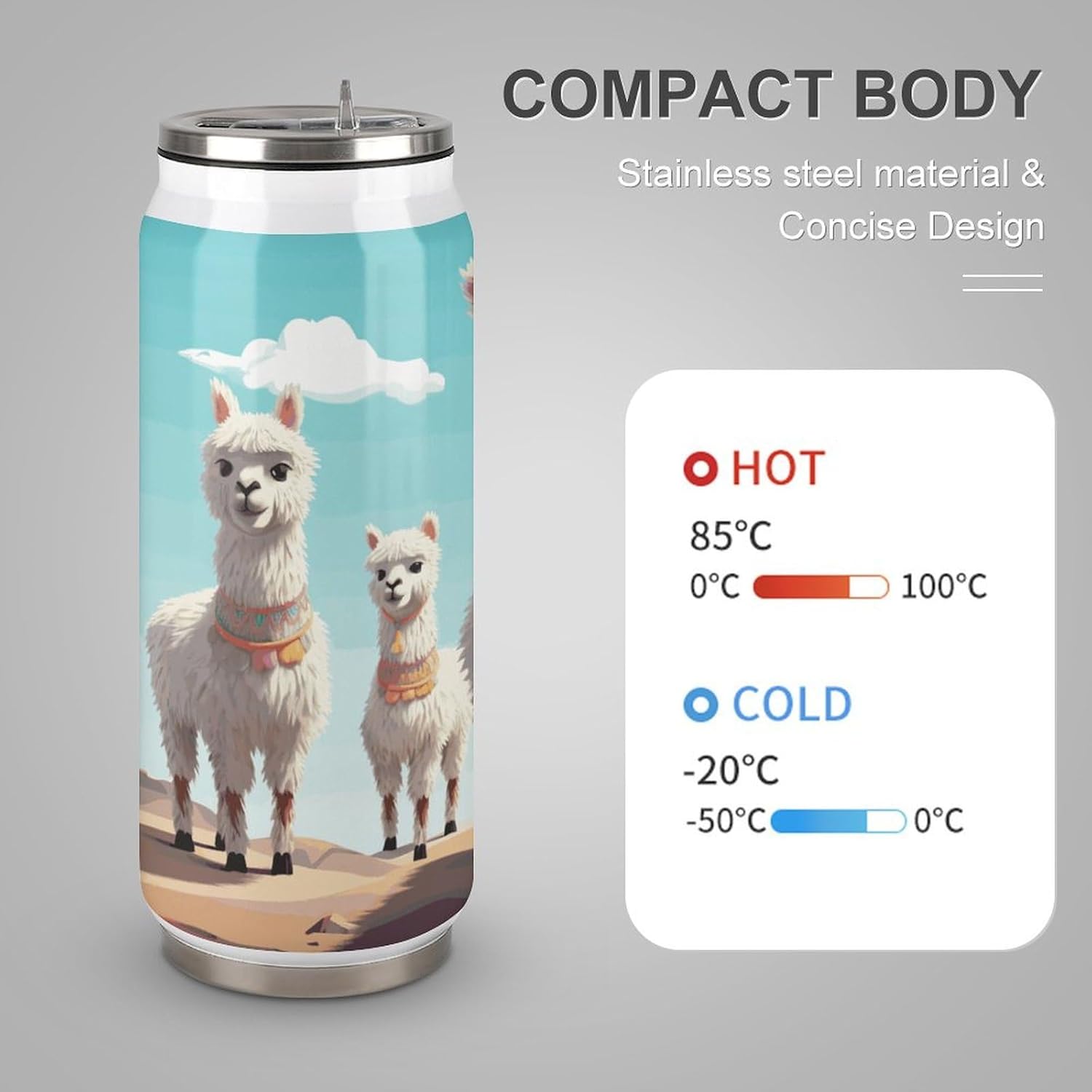 Stainless Steel Cups Cute Llama Printed Coke Cup Stainless Steel Insulated Cups with Lid And Straw