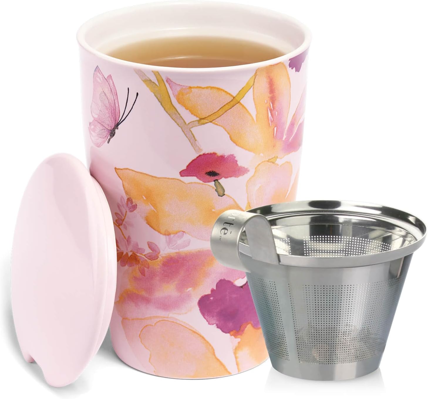 Tea Forte Double-Walled Ceramic Kati Cup, Removable Stainless Steel Infuser Basket and Lid, Steeps 12 oz Loose Leaf Tea, Dishwasher & Microwave Safe, Mariposa - Image 5