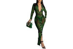Women's Sexy Sheer Mesh Long Sleeve Bodycon Midi Dress
