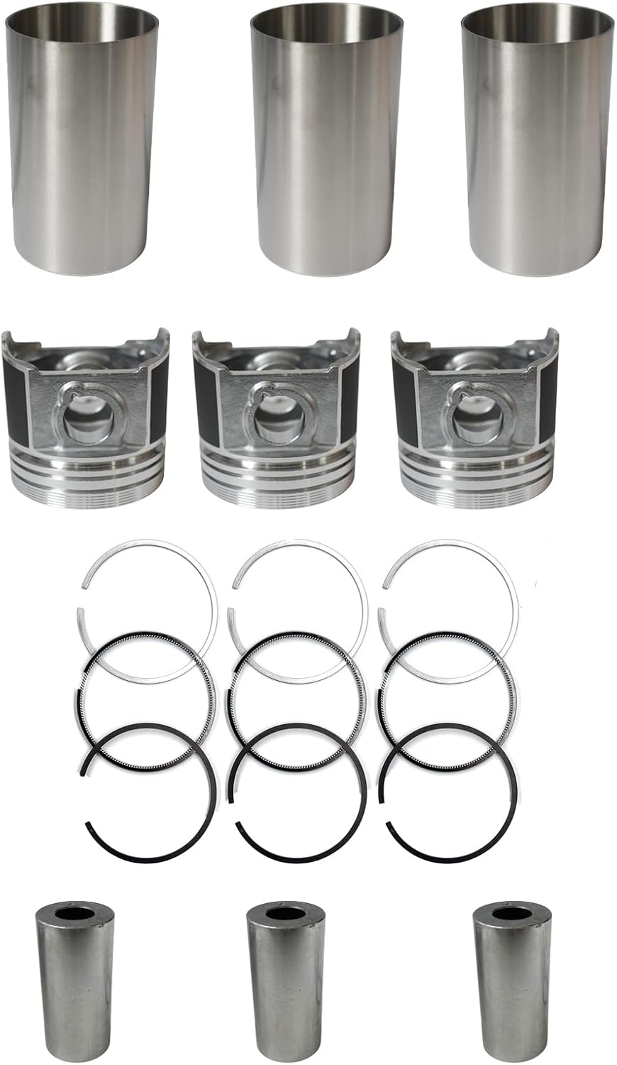 3PCS Cylinder Liner & Piston Set fits for Kubota D1703 D1703E Engine (Piston Type A: Vortex)