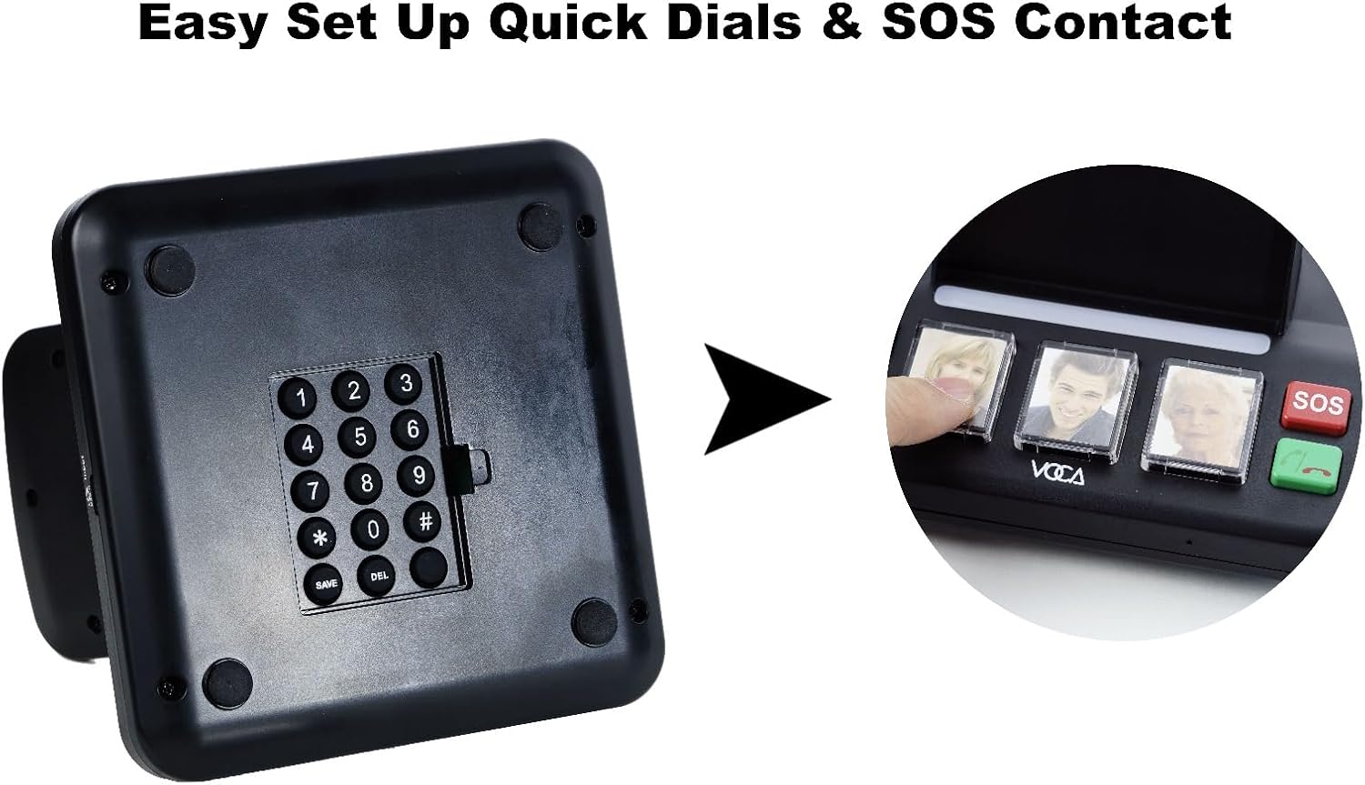 VOCA EC100 Cell phone stand with Wireless Speaker, 3 Speed-Dial Photo Buttons, Emergency Call, SOS Button, Speed Dial, Hands-Free, Easy Setup & Operation, Phone holder, Wireless charging station