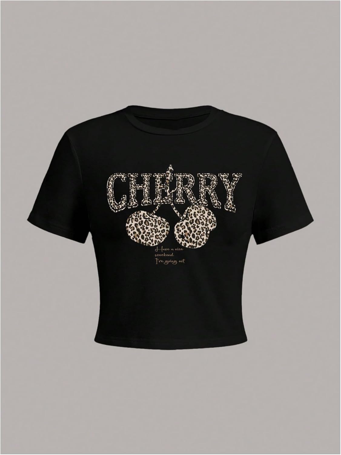 SweatyRocks Women's Leopard Cherry Print Tee Shirt Crew Neck Crop Casual Short Sleeve Fitted Going Out Tops - Image 2