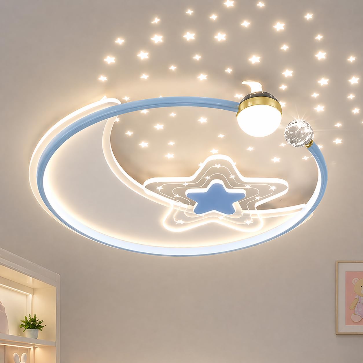 Moon & Star LED Ceiling Light for Kids Room, 3-Color Dimmable Star Projection Light, 56W Eye-Caring Ceiling Lamp for Bedroom Nursery, Blue/Pink/White Optional