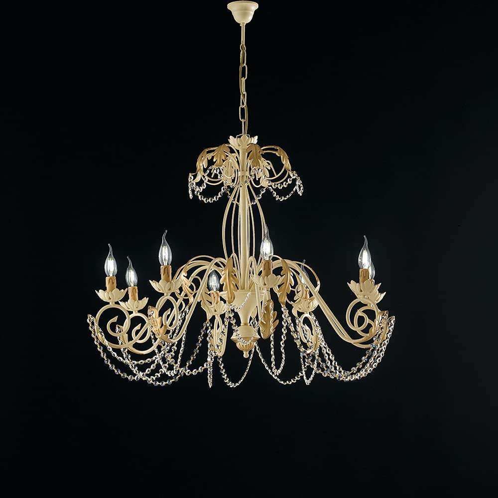 Generico Lampadario in ferro battuto avorio e oro con cristallo trasparente shabby chic sospensione 8 luci, lampadario camera da letto, lampadario per salotto a sospensione bon-32